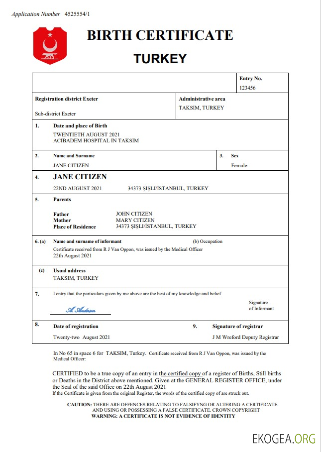 Acte de naissance en Turquie au format Word et PDF